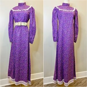 Vintage 1970s Prairie Dress Purple Calico Cottagecore Boho Hippie 70s Medium